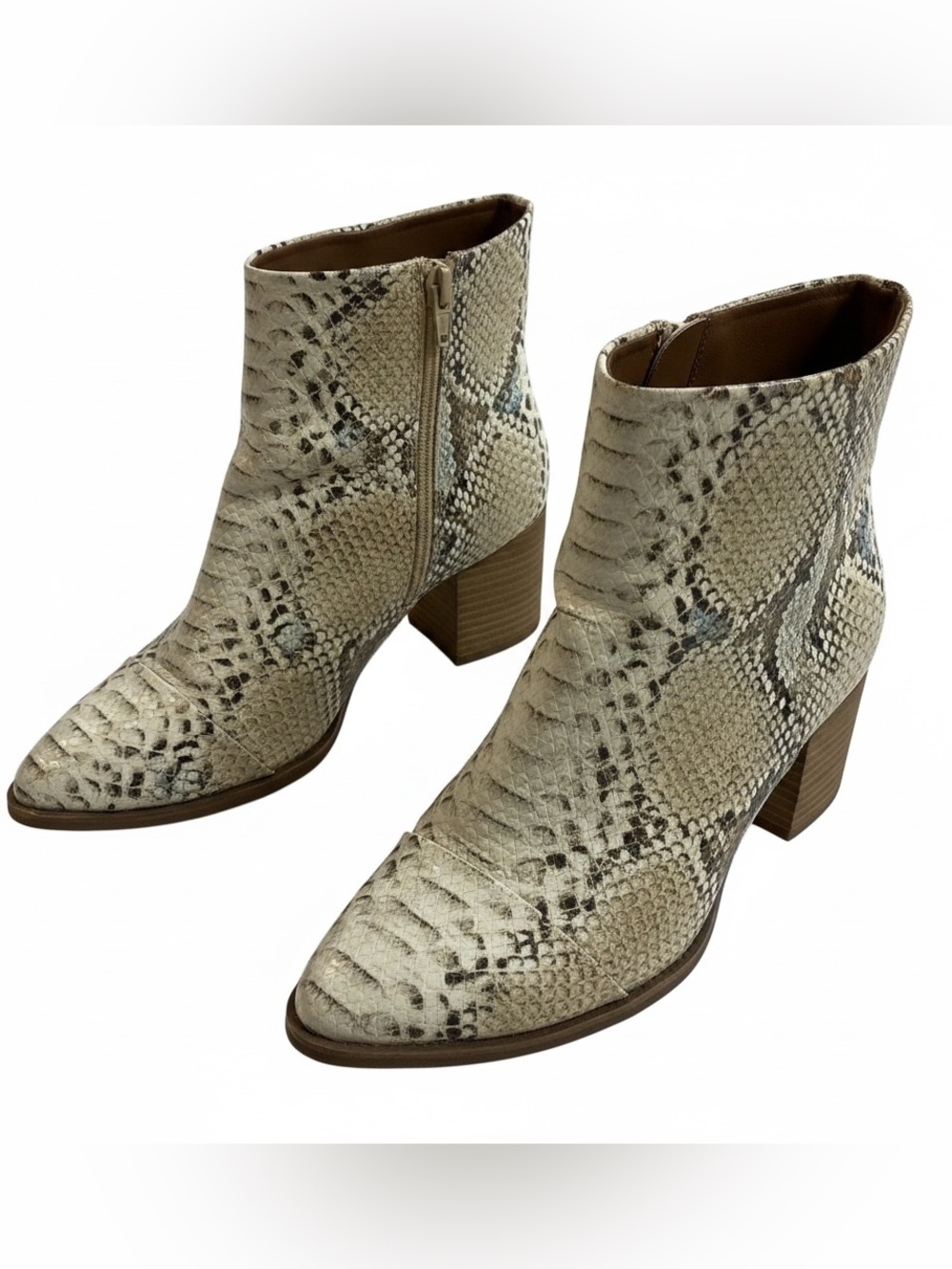 Report Trixi Womens 7.5 Faux Snakeskin Ankle Boots Pointed Toe Block Heel Cream